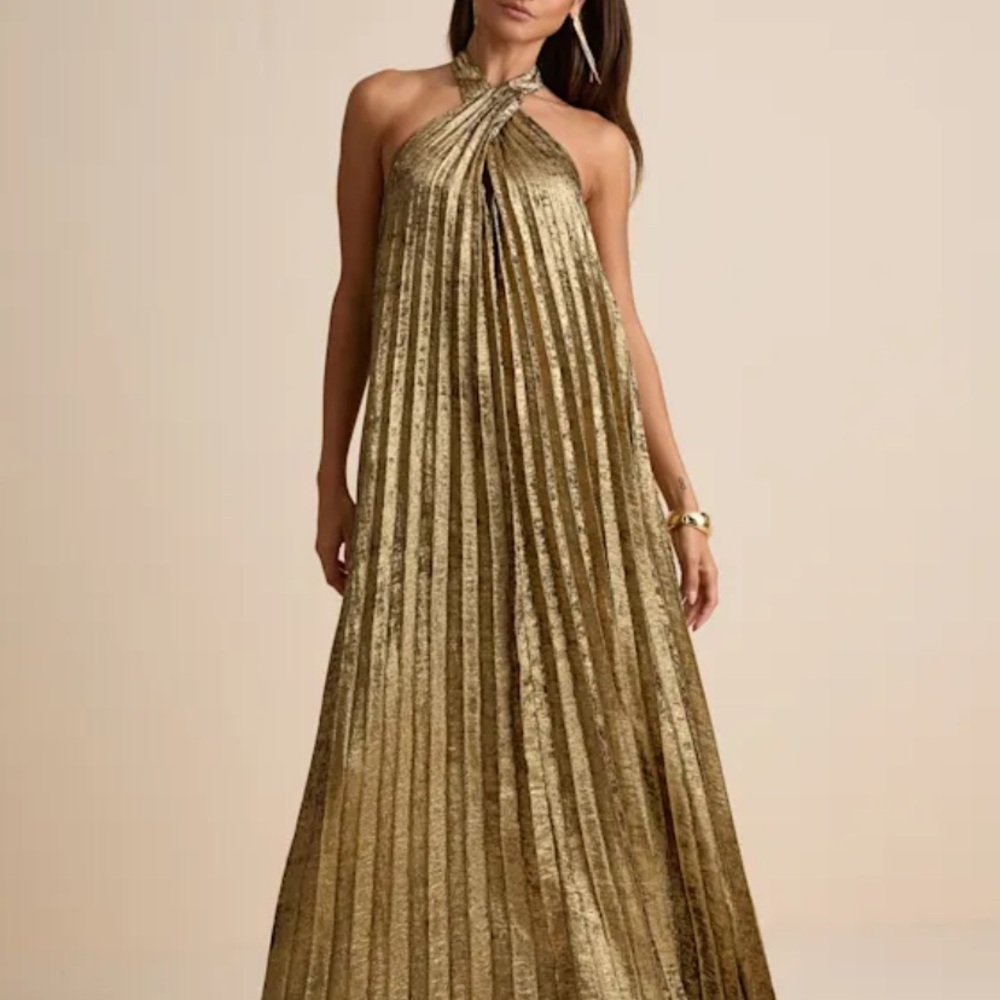 Lulu's Shimmering Gold Halter Maxi Dress